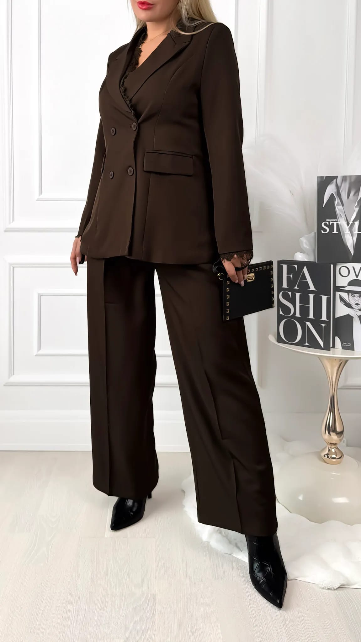 Espresso brown suit set with lace details and palazzo pants