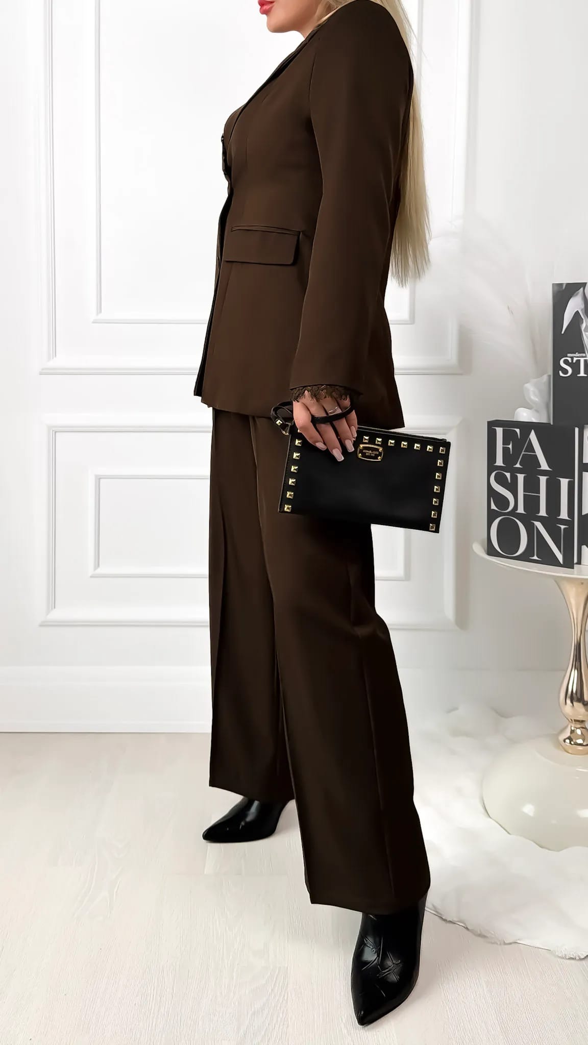 Espresso brown suit set with lace details and palazzo pants