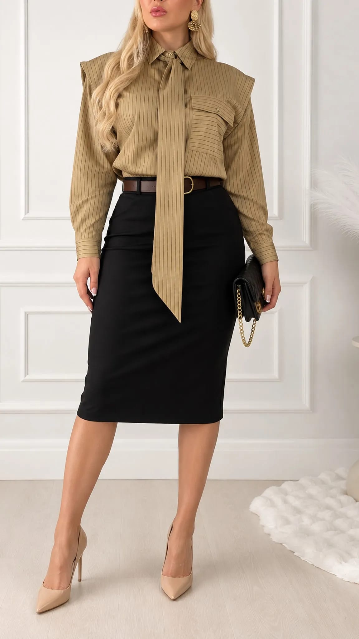 Svītrainais oversized polo krekls sievietēm ar kaklasaiti