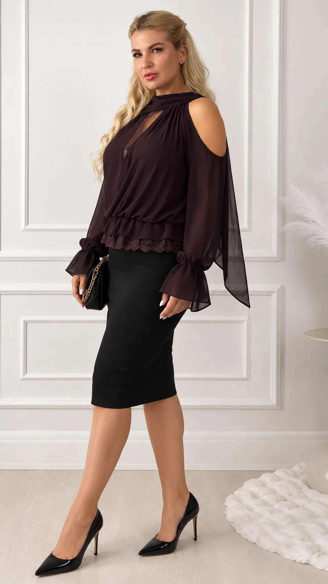 Off-the-shoulder top with ruffles and lace