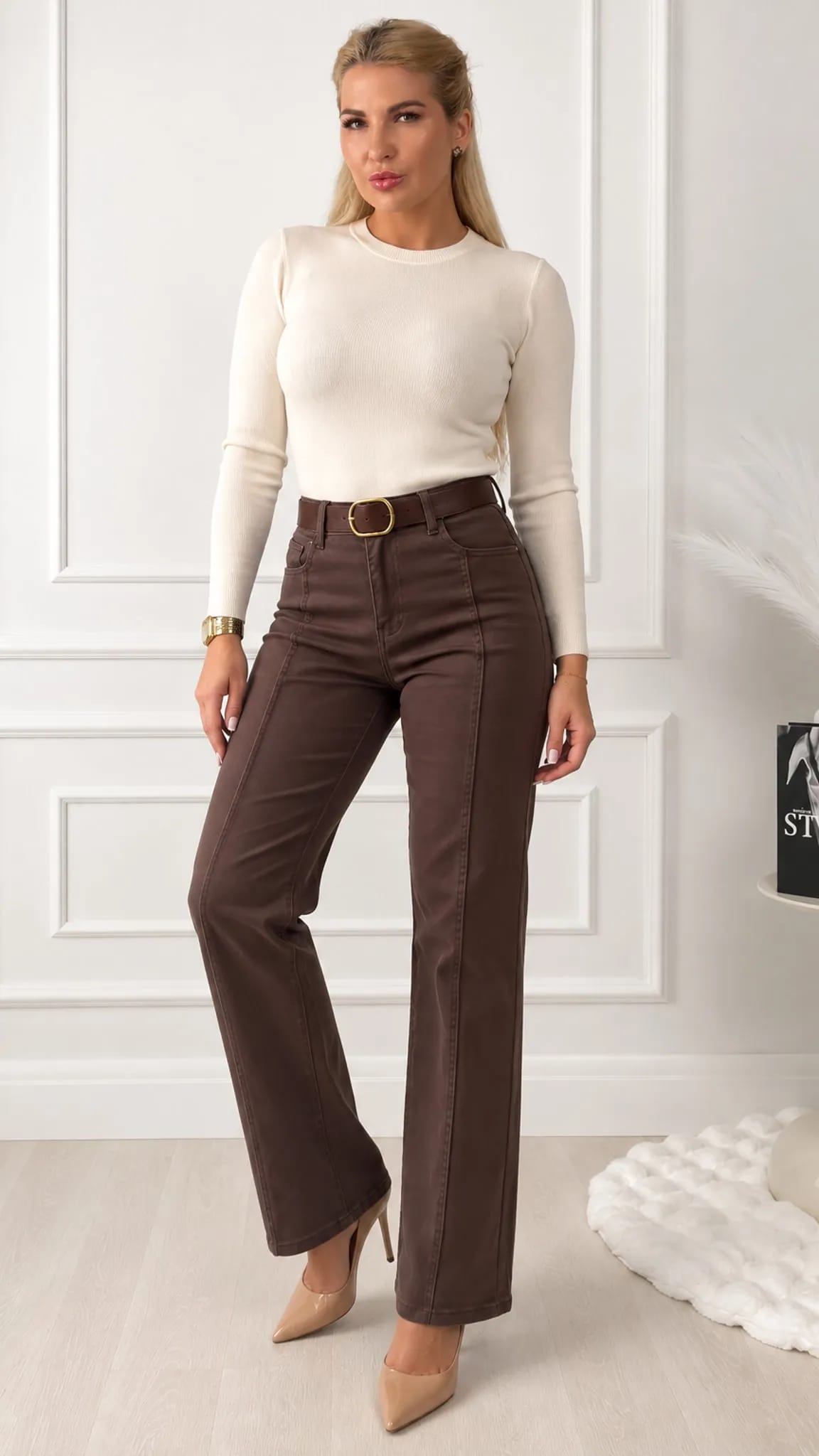 Women's high-waisted wide-leg pants – denim style, straight leg and extended cut