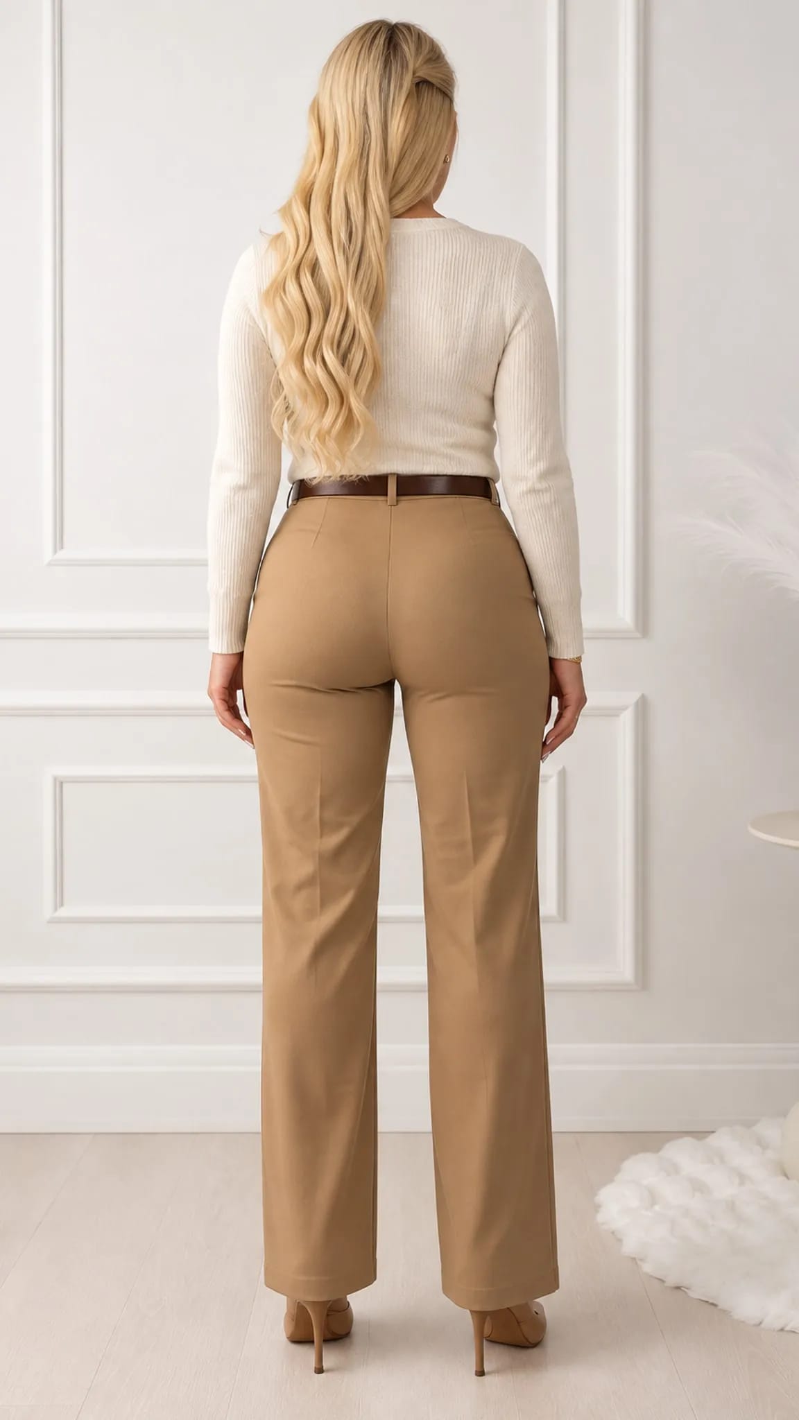 Patas, high-waisted trousers with floral lace details on the pockets and an elegant cut