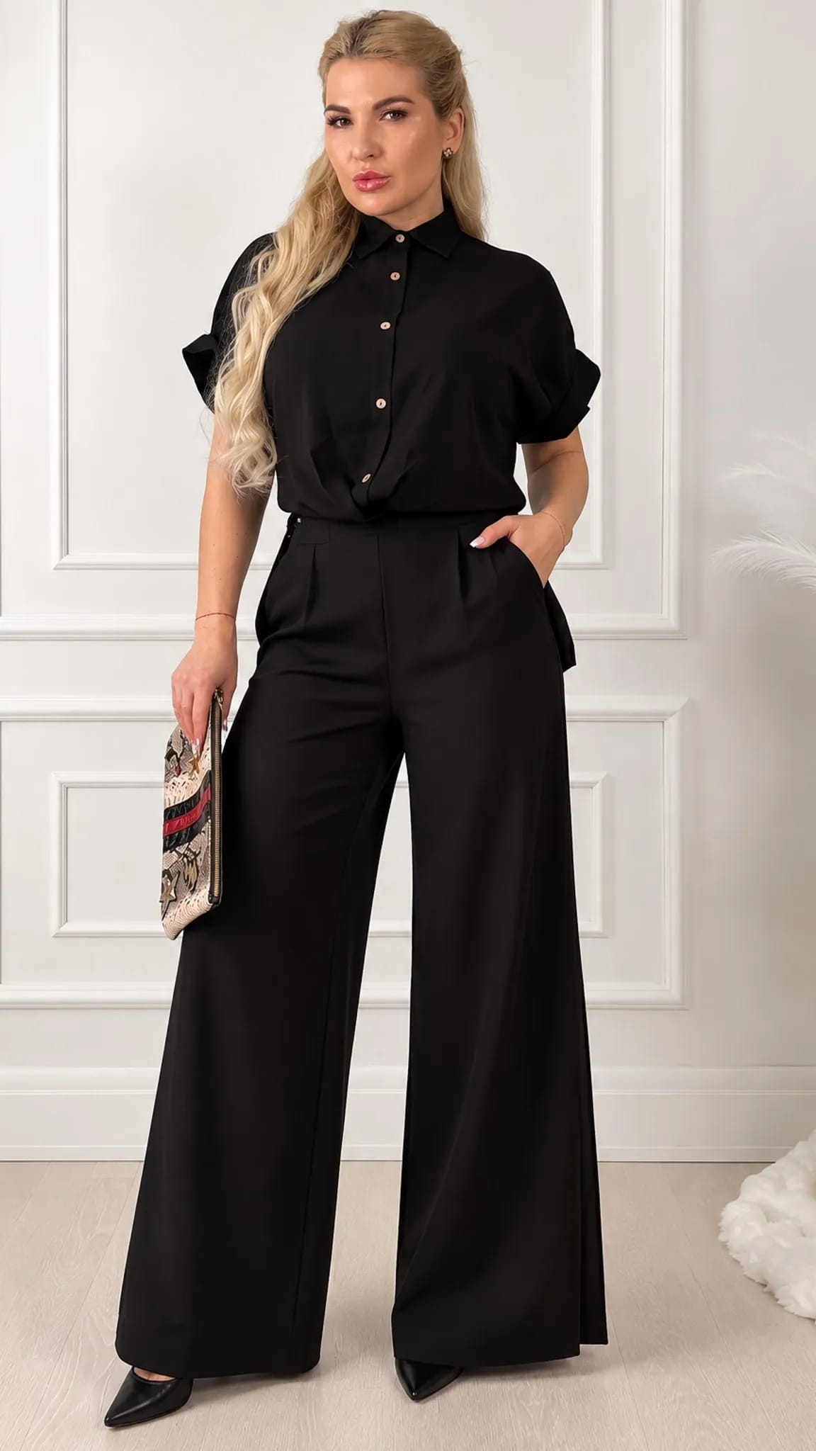 Melns elegants komplekts ar flared maxi  topu un biksēm