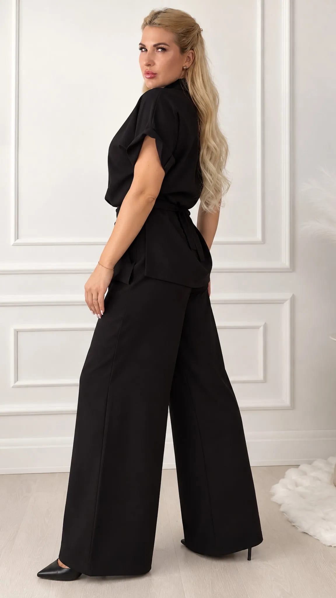 Melns elegants komplekts ar flared maxi  topu un biksēm