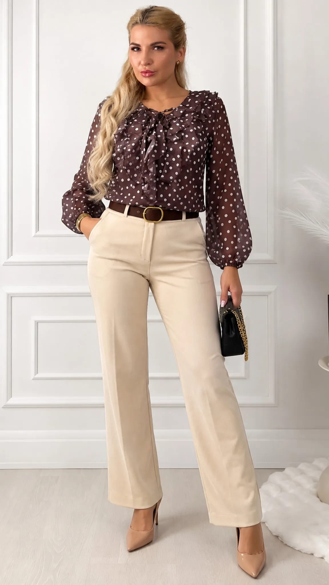 Elegant blouse with polka dot pattern and ruffles
